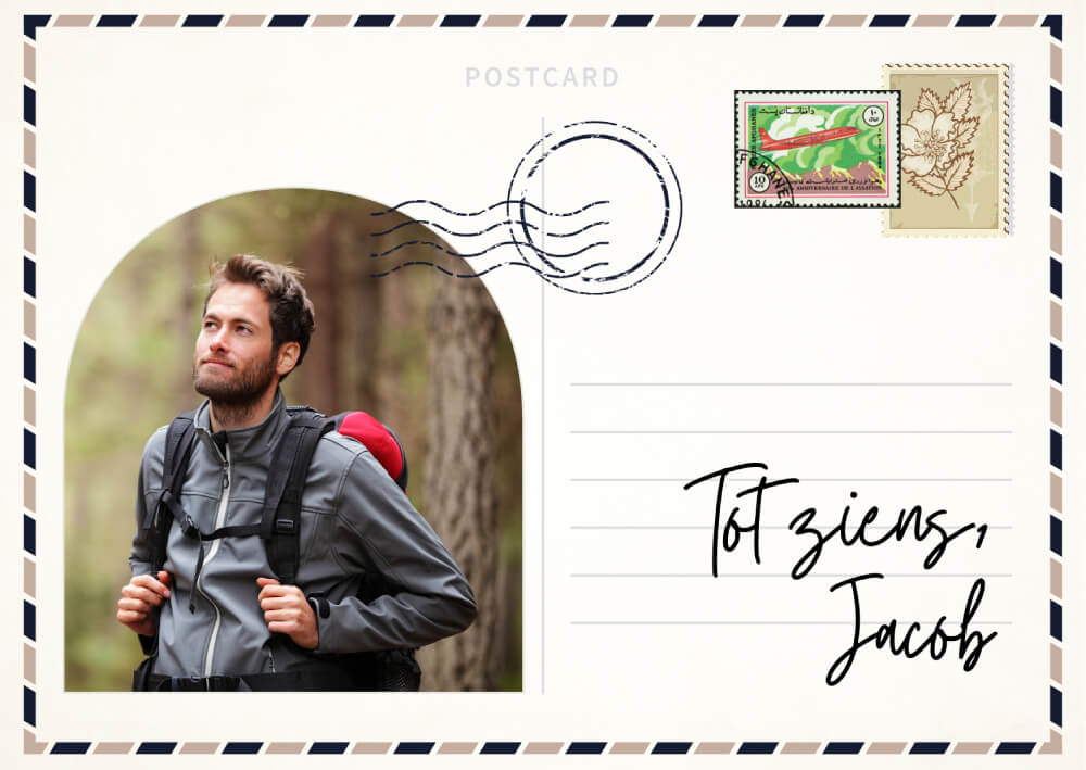 Traveler hiking in Alabama state park, postcard design with stamps and handwritten message.