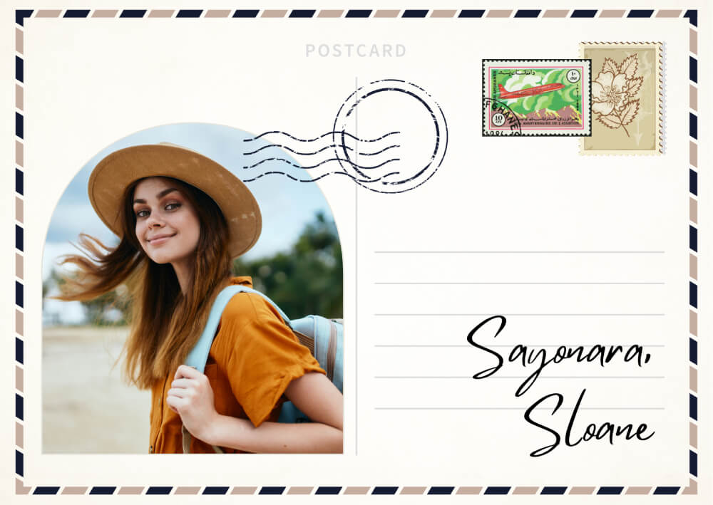 Vintage postcard design with travel inspiration and a woman wearing a hat and backpack.