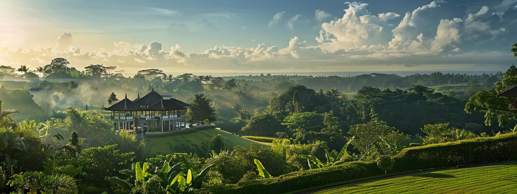 a serene balinese landscape showcases a luxurious leasehold property, symbolizing investment potential in indonesia's vibrant real estate market.
