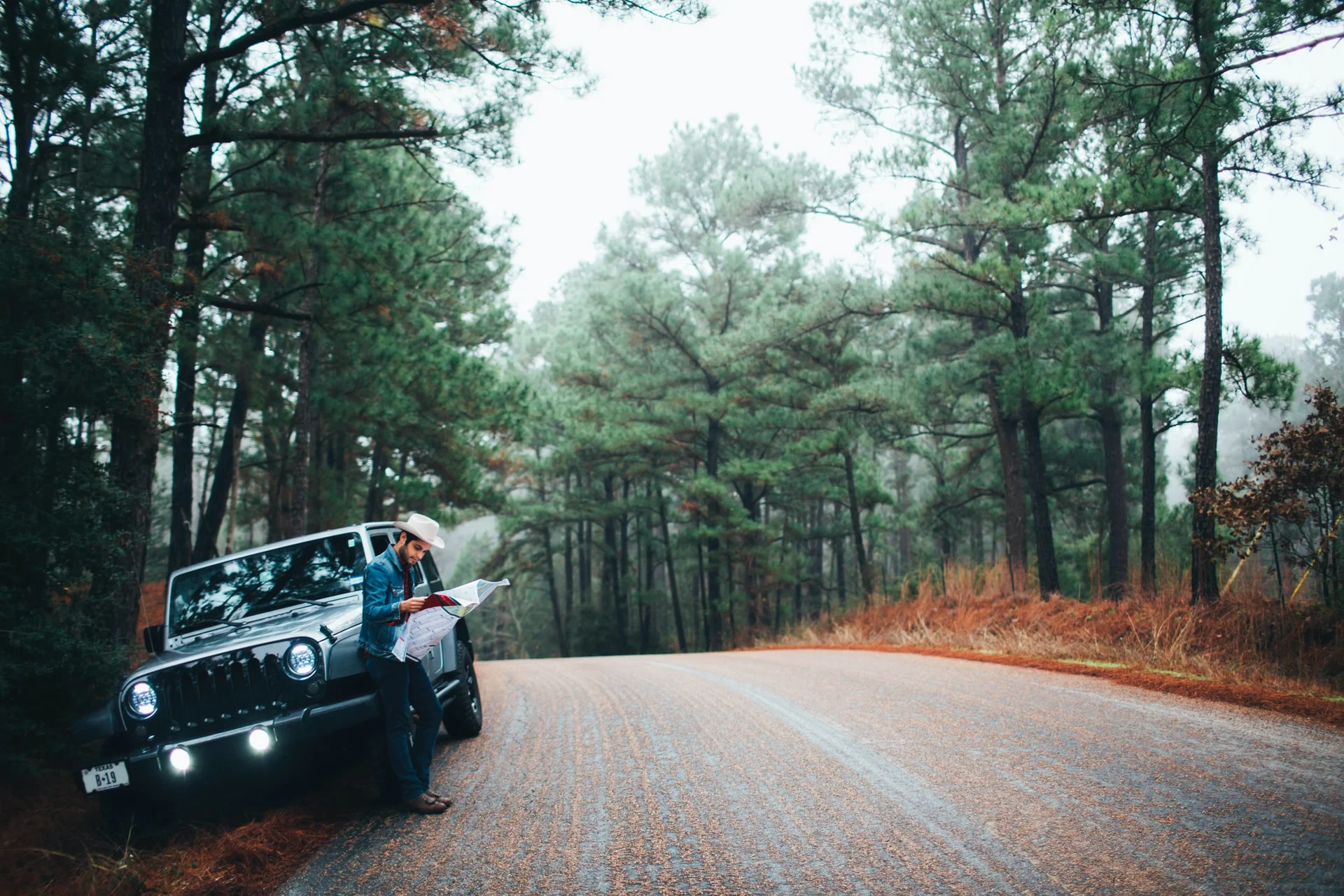 a person driving a motorcycle on a road surrounded by trees