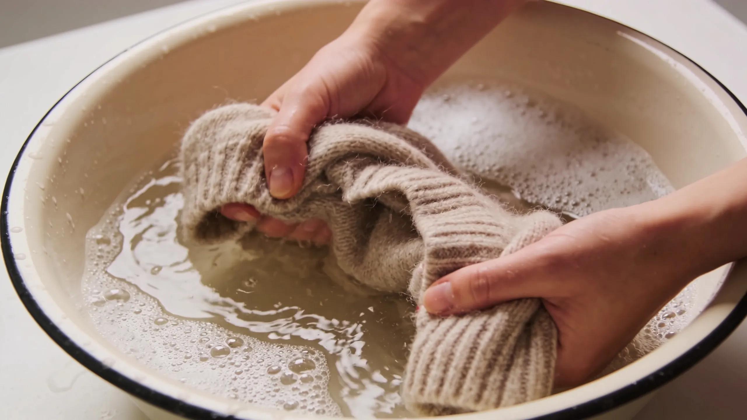 Hands washing a wool sweater in lukewarm water, showcasing gentle care techniques to prevent shrinkage