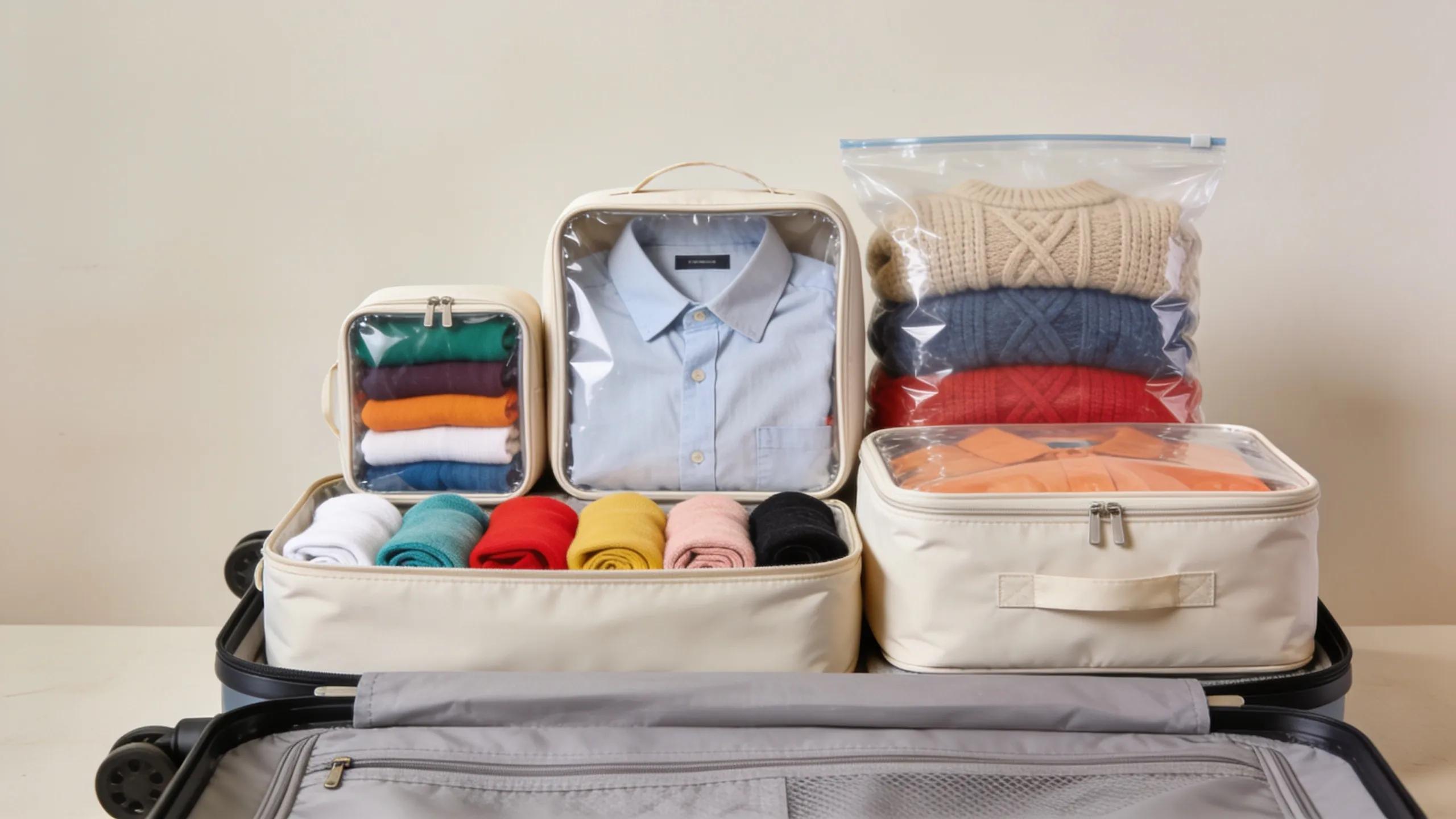 Assorted packing cubes and compression bags filled with clothing, illustrating effective luggage organization strategies
