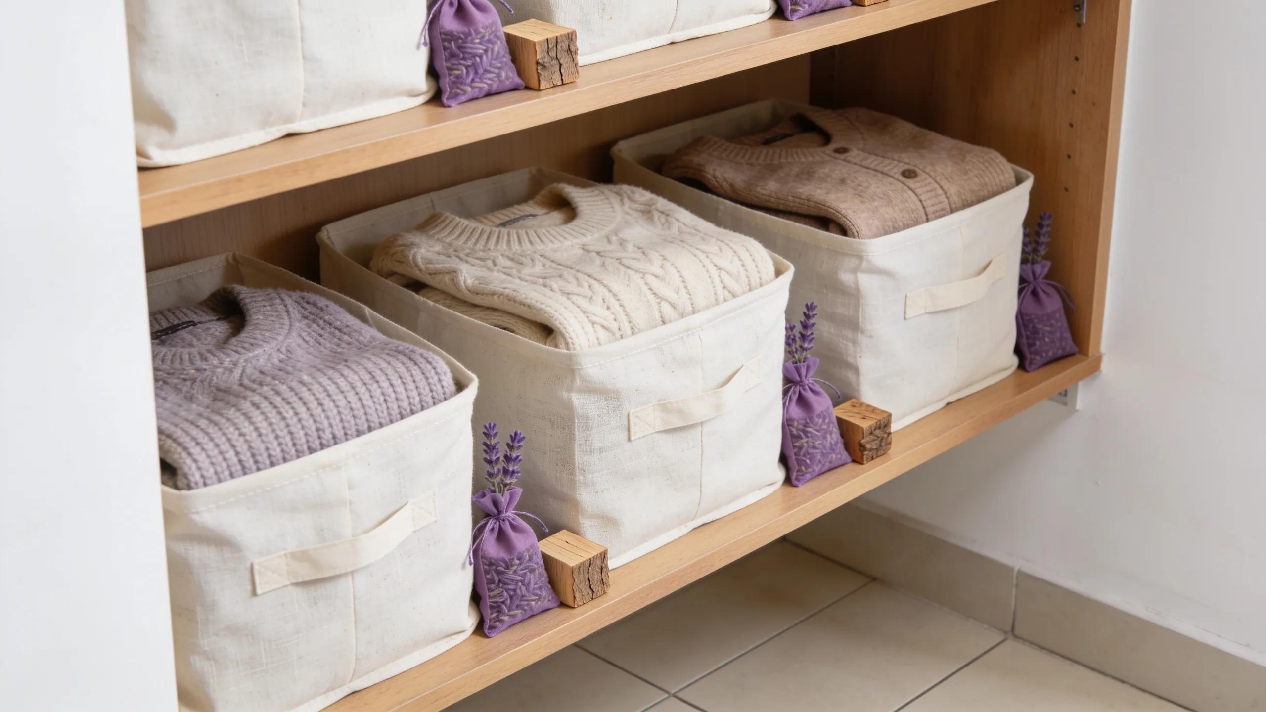 Neatly folded wool sweaters in cotton bags with lavender sachets on a shelf, emphasizing storage and moth prevention