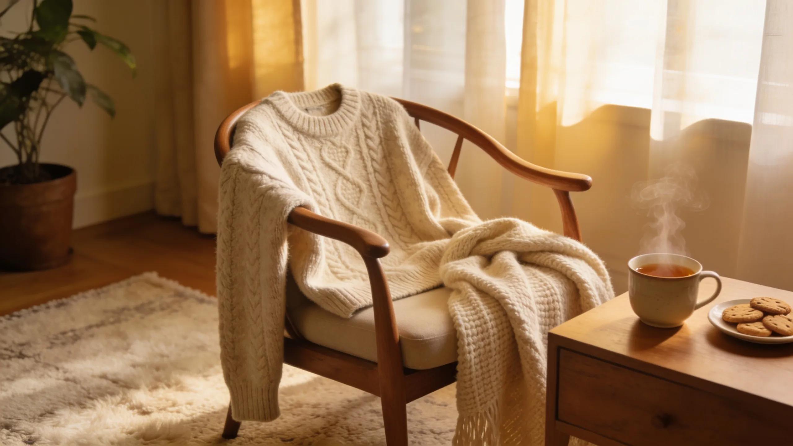 Cozy living room scene with a wool sweater, blanket, and tea, emphasizing wool care and lifestyle