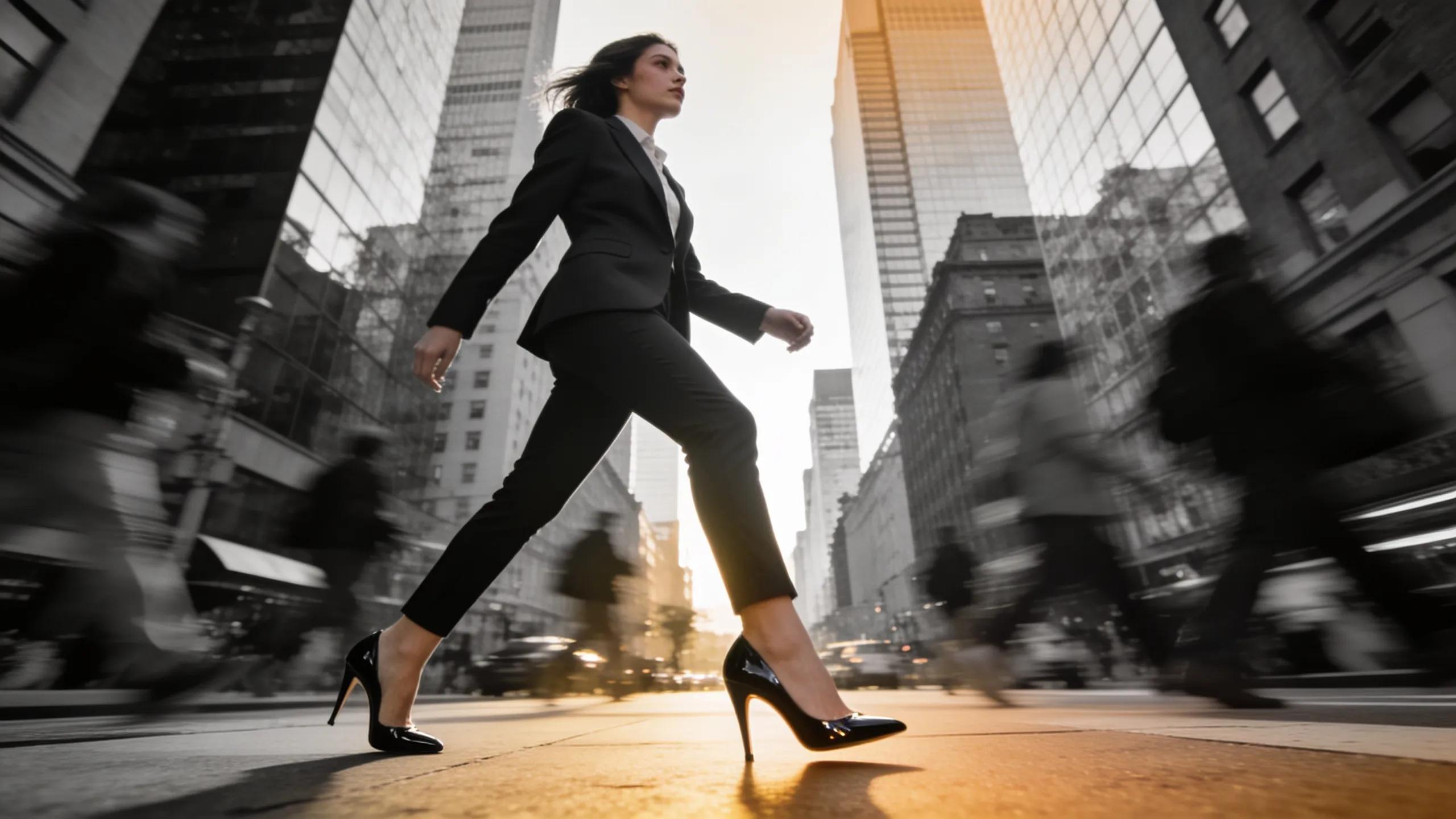 Young woman in fashionable high heels walking confidently in an urban setting